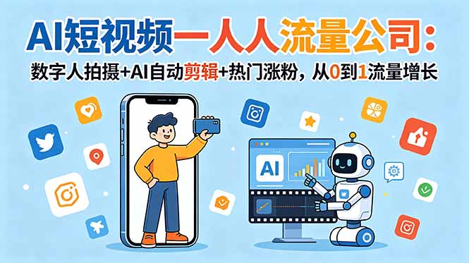 AI短视频一人流量公司：数字人拍摄+AI自动剪辑+热门涨粉，从0到1流量增长-大伟资源网