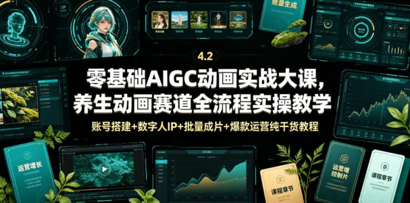 零基础AIGC动画实战大课，养生动画赛道全流程实操教学，账号搭建+数字人IP+批量成片+爆款运营纯干货教程-大伟资源网