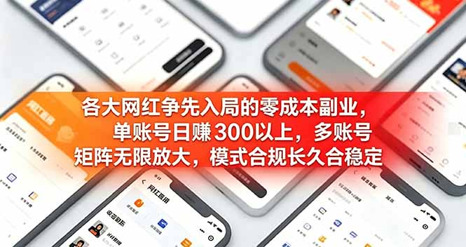 各大网红争先入局的零成本副业，单账号日赚 300 以上，多号矩阵可放大，模式合规长久稳定！-大伟资源网