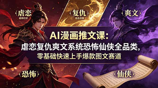 AI漫画推文课：虐恋复仇爽文系统恐怖仙侠全品类，零基础快速上手爆款图文赛道-大伟资源网