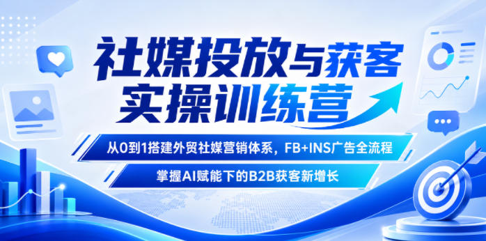 社媒投放与获客实操训练营，从0到1搭建外贸社媒营销体系，FB+INS广告全流程，掌握AI赋能下的B2B获客新增长-大伟资源网