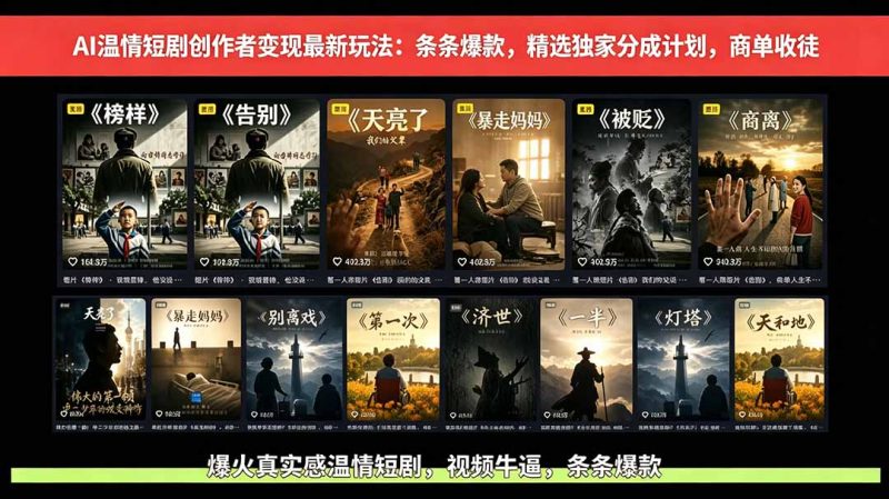 AI温情短剧创作者变现最新玩法：视频牛逼，条条爆款，精选独家分成计划，商单收徒-大伟资源网