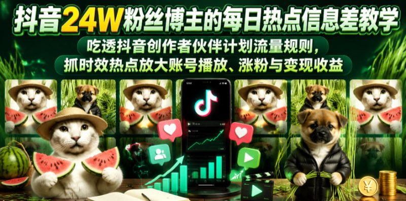 抖音24W粉丝博主的每日热点信息差教学，吃透创作者伙伴计划流量规则，抓时效热点放大账号播放、涨粉与变现收益(更新)-大伟资源网