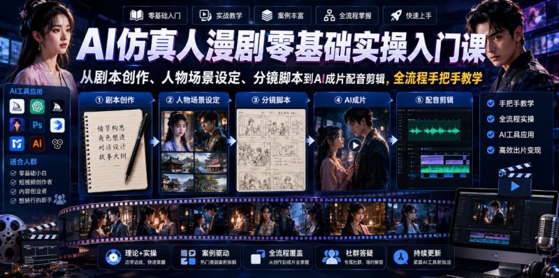 AI仿真人漫剧零基础实操入门课，从剧本创作、人物场景设定、分镜脚本到AI成片配音剪辑，全流程手把手教学-大伟资源网