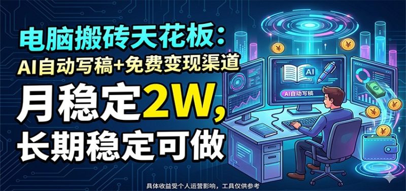 电脑搬砖天花板：AI自动写稿+免费变现渠道，月稳定2W，长期稳定可做-大伟资源网