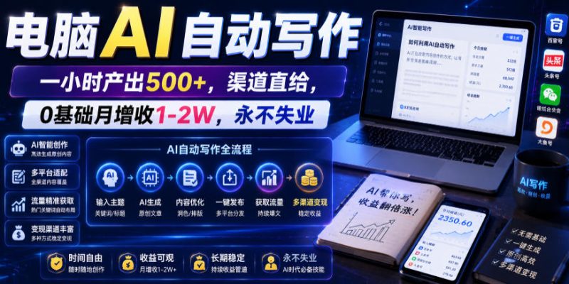 电脑AI自动写作，一小时产出500+，渠道直给，0基础月增收1-2W，永不失业【揭秘】-大伟资源网