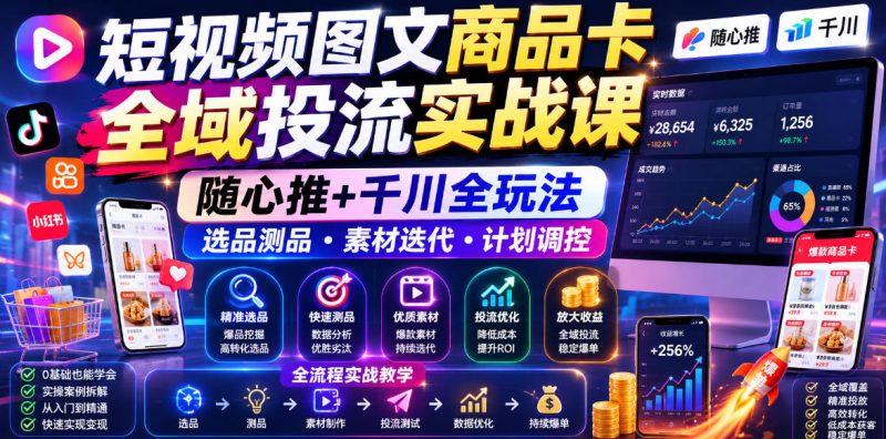 短视频图文商品卡全域投流实战课，随心推+千川全玩法，选品测品・素材迭代・计划调控，提升ROI爆单增收教程-大伟资源网
