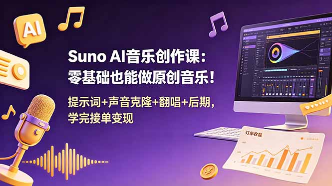 Suno AI音乐创作课：零基础也能做原创音乐！提示词+声音克隆+翻唱+后期，学完接单变现-大伟资源网