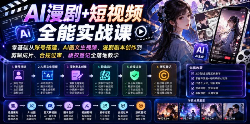AI漫剧+短视频全能实战课｜零基础从账号搭建、AI图文生视频、漫剧剧本创作到剪辑成片、合规过审、版权登记全落地教学-大伟资源网