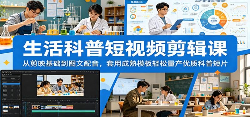 生活科普短视频剪辑课：从剪映基础到图文配音，套用成熟模板轻松量产优质科普短片-大伟资源网