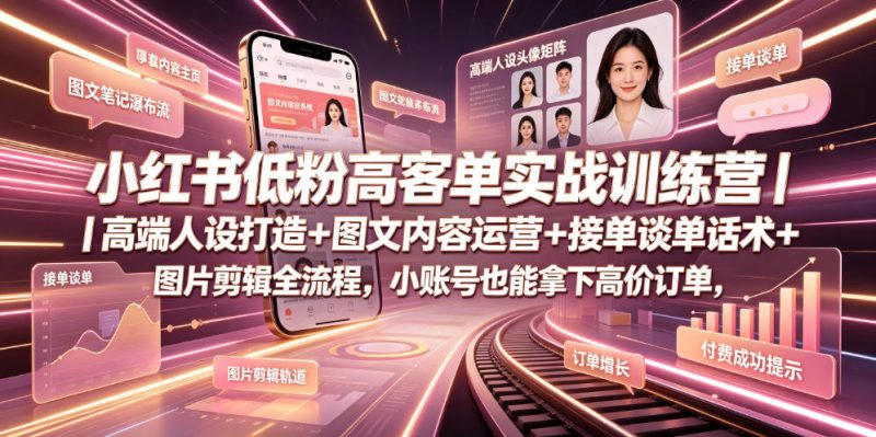 小红书低粉高客单实战训练营｜高端人设打造+图文内容运营+接单谈单话术+图片剪辑全流程，小账号也能拿下高价订单-大伟资源网