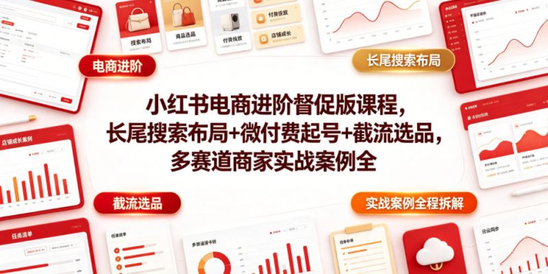 小红书电商进阶督促版课程，长尾搜索布局+微付费起号+截流选品，多赛道商家实战案例全程拆解-大伟资源网