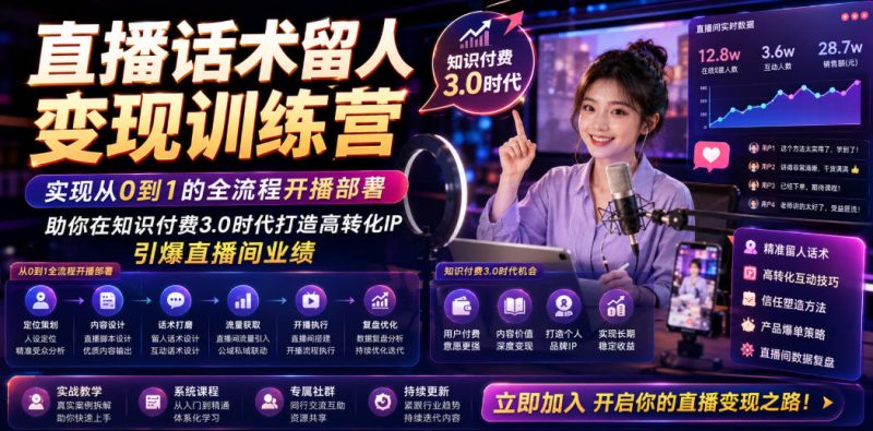 直播话术留人变现训练营，实现从0到1的全流程开播部署，助你在知识付费3.0时代打造高转化IP，引爆直播间业绩-大伟资源网