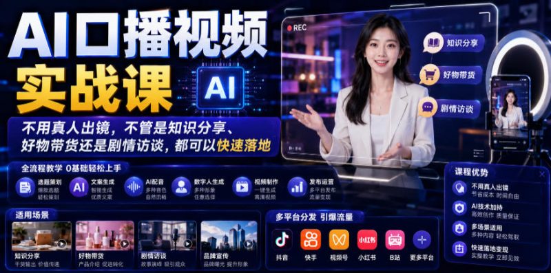 AI口播视频实战课，不用真人出镜，不管是知识分享、好物带货还是剧情访谈，都可以快速落地-大伟资源网