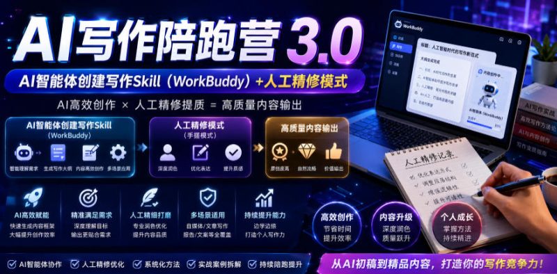 AI写作陪跑营3.0，Ai智能体创建写作skill(workbuddy)+人工手写模式(手搓模式)，去除AI痕迹(头条号、公众号、百家号)-大伟资源网