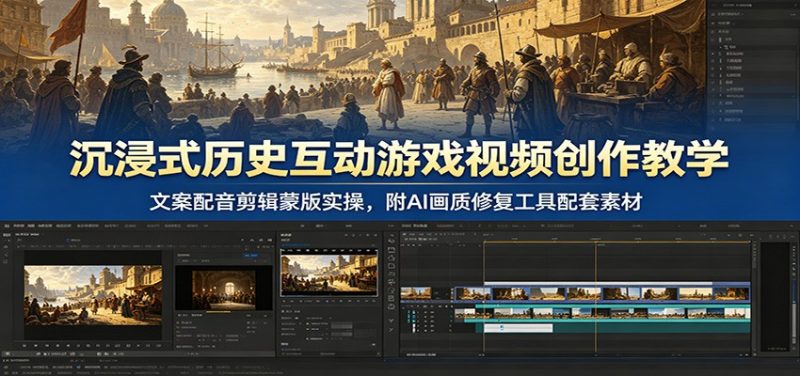 沉浸式历史互动游戏视频创作教学：文案配音剪辑蒙版实操，附AI画质修复工具配套素材-大伟资源网
