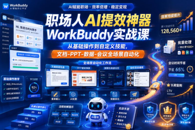 职场人AI提效神器WorkBuddy实战课，从基础操作到自定义技能，文档-PPT-数据-会议全场景自动化-大伟资源网