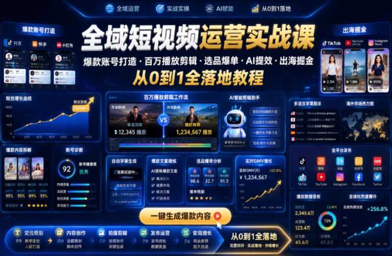 全域短视频运营实战课，爆款账号打造・百万播放剪辑・选品爆单・AI提效・出海掘金，从0到1全落地教程-大伟资源网