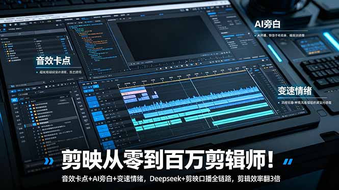 剪映从零到百万剪辑师！音效卡点+AI旁白+变速情绪，Deepseek+剪映口播全链路，剪辑效率翻3倍-大伟资源网