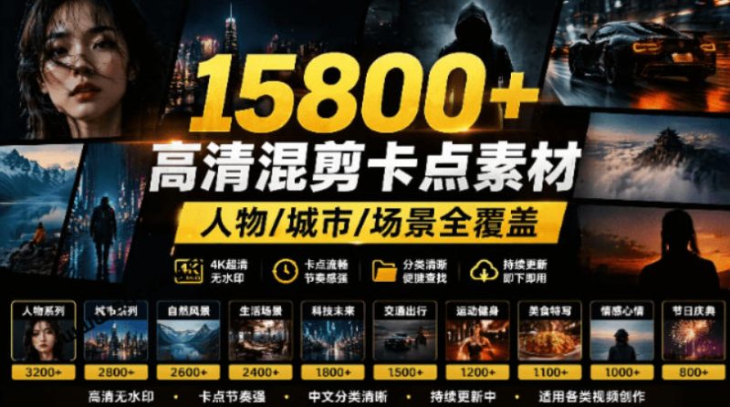 【影视剪辑素材合集】15800+高清混剪卡点｜热门影视精彩片段｜人物/城市/场景全覆盖，中文分类清晰-大伟资源网