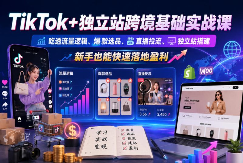 TikTok+独立站跨境基础实战课，吃透流量逻辑、爆款选品、直播投流与独立站搭建，新手也能快速落地盈利-大伟资源网