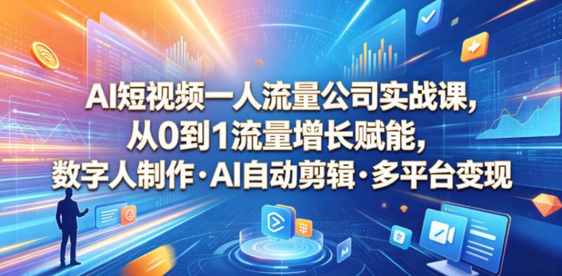 AI短视频一人流量公司实战课，从0到1流量增长赋能，数字人制作・AI自动剪辑・多平台变现，一人做流量生意全落地教程-大伟资源网