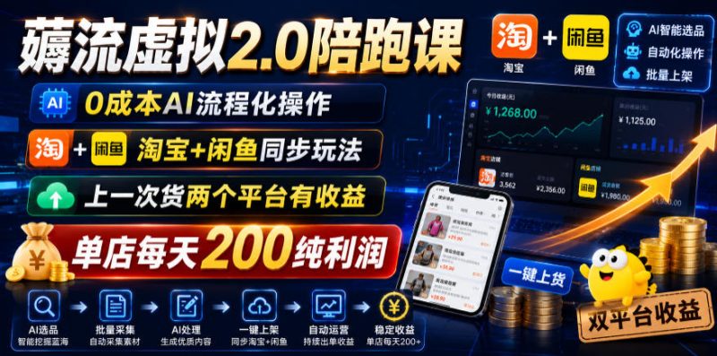 薅流虚拟2.0陪跑课，0成本AI流程化操作，淘宝+闲鱼同步玩法，上一次货两个平台有收益，单店每天200纯利润-大伟资源网