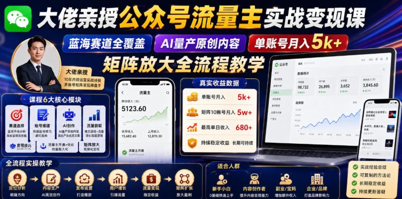 大佬亲授公众号流量主实战变现课，蓝海赛道全覆盖，AI量产原创内容，单账号月入5k+矩阵放大全流程教学-大伟资源网