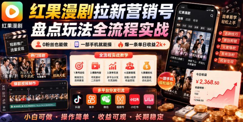 红果漫剧拉新营销号盘点玩法全流程实战，0粉丝也能做，一部手机就能做，爆一条单日收益2k+-大伟资源网