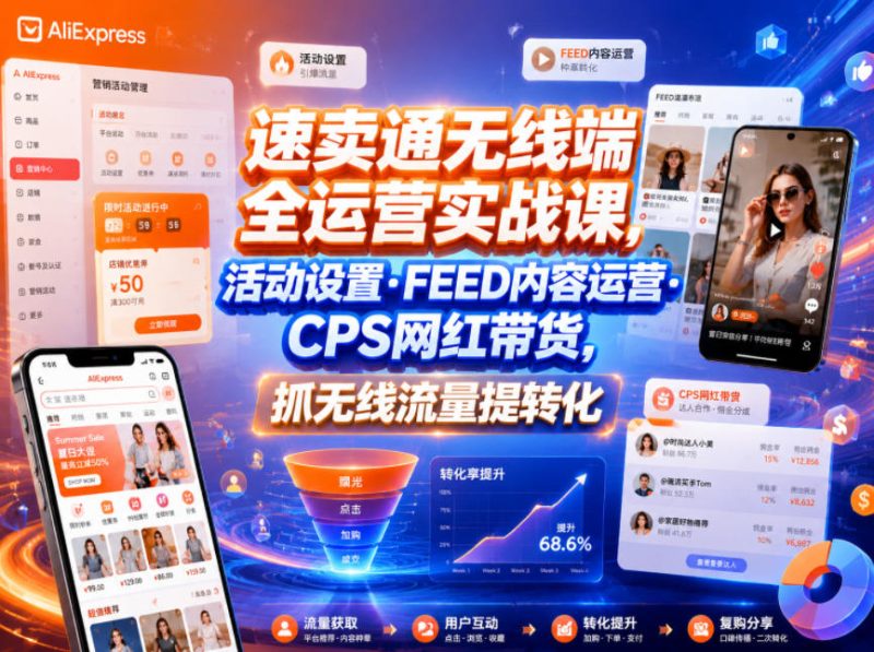 速卖通无线端全运营实战课，活动设置・FEED内容运营・CPS网红带货，抓无线流量提转化-大伟资源网