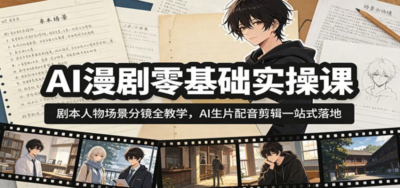 AI漫剧零基础实操课：剧本人物场景分镜全教学，AI生片配音剪辑一站式落地-大伟资源网