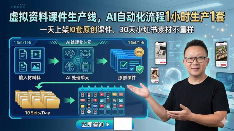 虚拟资料课件生产线，AI自动化流程1小时生产1套，一天上架10套原创课件，30天小红书素材不重样-大伟资源网