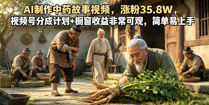 AI制作中药故事视频，涨粉35.8W，视频号分成计划+橱窗收益非常可观，简单易上手-大伟资源网