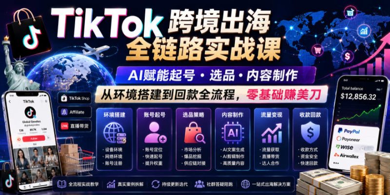 TikTok跨境出海全链路实战课，AI赋能起号・选品・内容制作，从环境搭建到回款全流程，零基础賺美刀-大伟资源网