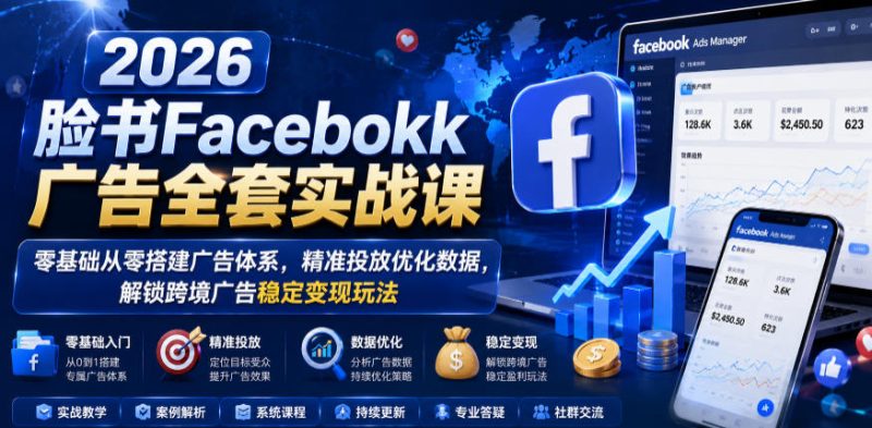 2026脸书Facebook广告全套实战课，零基础从零搭建广告体系，精准投放优化数据，解锁跨境广告稳定变现玩法-大伟资源网