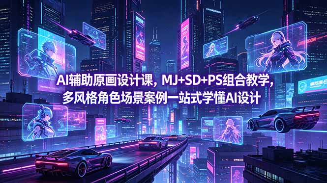 AI辅助原画设计课，MJ+SD+PS组合教学，多风格角色场景案例一站式学懂AI设计-大伟资源网