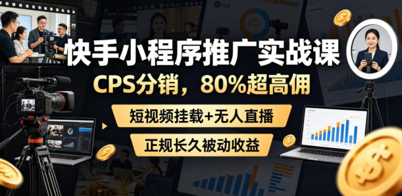 快手小程序推广实战课，CPS分销，80%超高佣，短视频挂载+无人直播，正规长久被动收益-大伟资源网