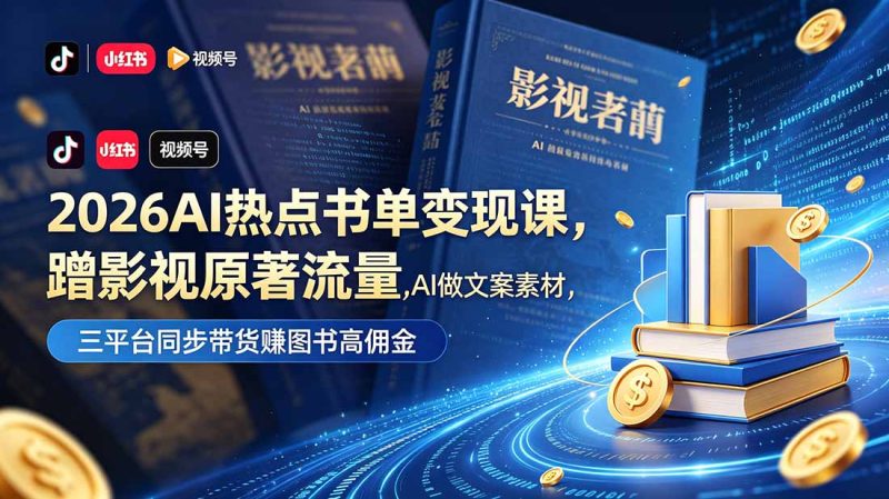 2026AI热点书单变现课，蹭影视原著流量，AI做文案素材，三平台同步带货赚图书高佣金-大伟资源网