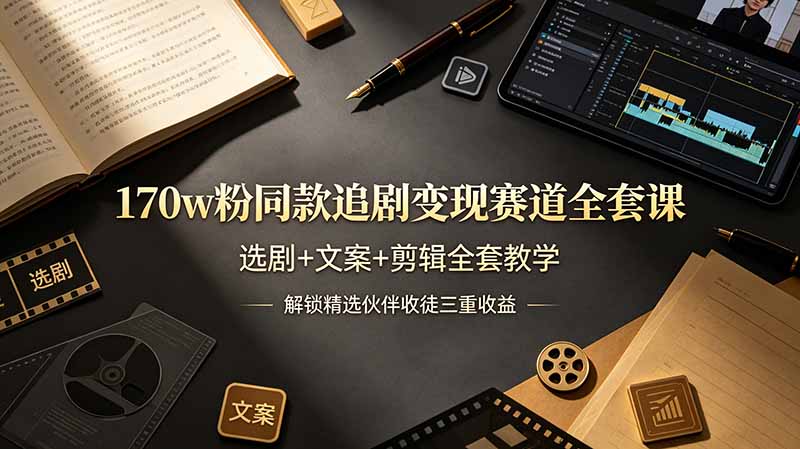 170w粉博主同款追剧变现赛道全套课，选剧+文案+剪辑全套教学，解锁精选伙伴收徒三重收益-大伟资源网