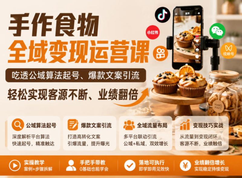 手作食物全域变现运营课，吃透公域算法起号、爆款文案引流，轻松实现客源不断、业绩翻倍-大伟资源网