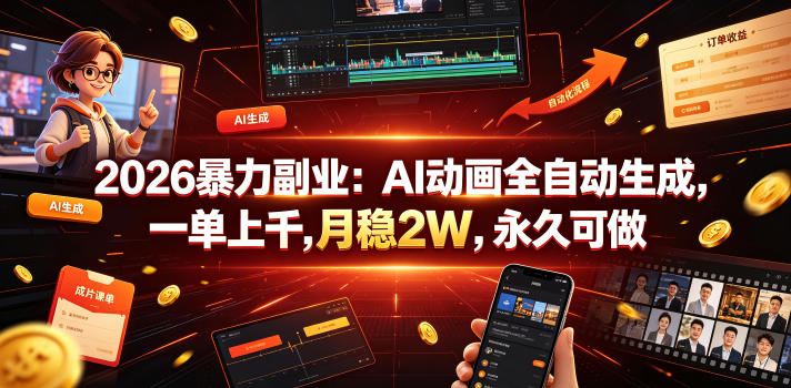 2026暴力副业：AI动画全自动生成，一单上千，月稳2W，永久可做【揭秘】-大伟资源网