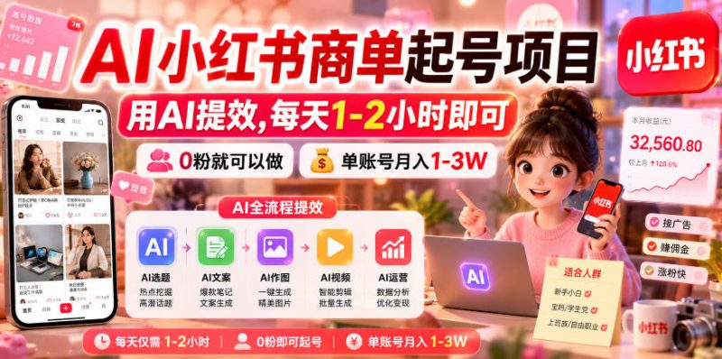 AI小红书商单起号项目，用AI提效,每天1-2小时即可，0粉就可以做，单账号月入1-3W-大伟资源网