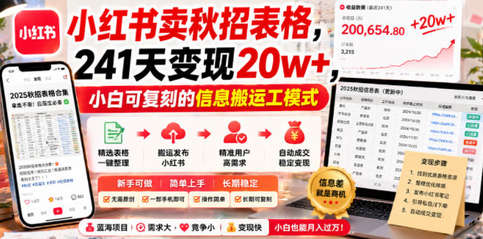 小红书卖秋招表格，241天变现20w+，小白可复刻的信息搬运工模式-大伟资源网