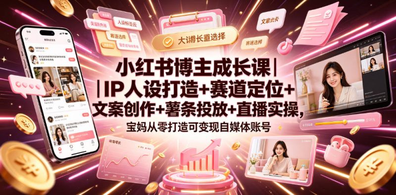 小红书博主成长课｜IP人设打造+赛道定位+文案创作+薯条投放+直播实操，宝妈从零打造可变现自媒体账号-大伟资源网