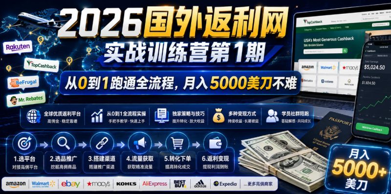 2026国外返利网实战变现营-第一期，从零拆解项目逻辑与流程，跑通完整变现链路，月入5000美金-大伟资源网