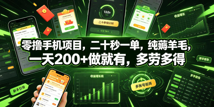 零撸手机项目，二十秒一单，纯薅羊毛，一天200+做就有，多劳多得【揭秘】-大伟资源网