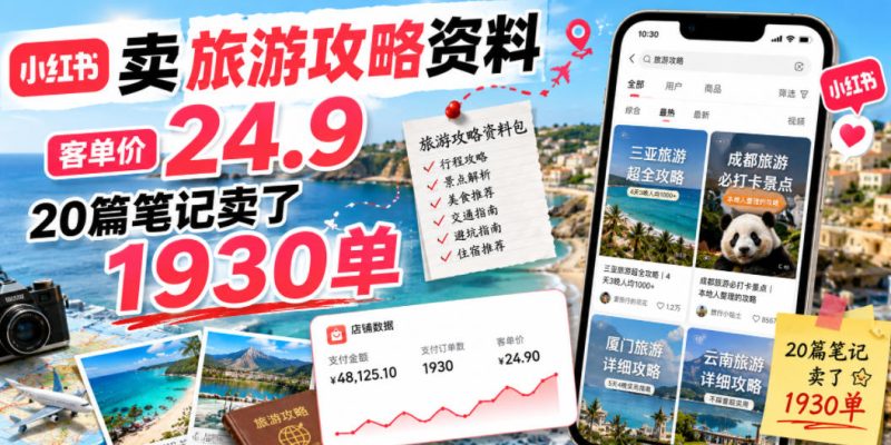 小红书卖旅游攻略资料，客单价24.9，20篇笔记卖了1930单！-大伟资源网
