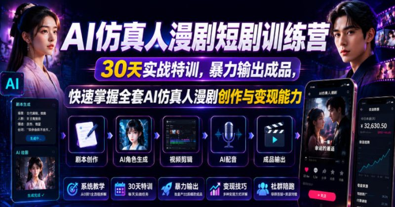 AI仿真人漫剧短剧训练营，30天实战特训，暴力输出成品，快速掌握全套AI仿真人漫剧创作与变现能力-大伟资源网