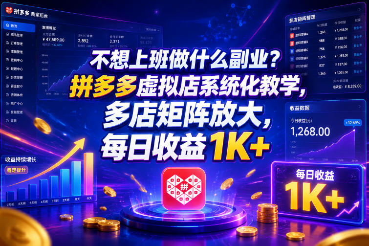 不想上班做什么副业？拼多多虚拟店系统化教学，多店矩阵放大，每日收益1K+【揭秘】-大伟资源网