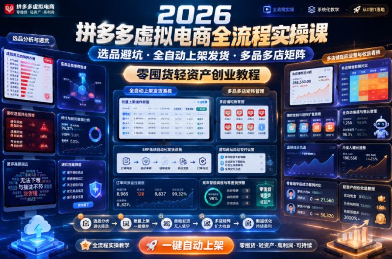 2026拼多多虚拟电商全流程实操课,选品避坑・全自动上架发货・多品多店矩阵,零囤货轻资产创业教程-大伟资源网